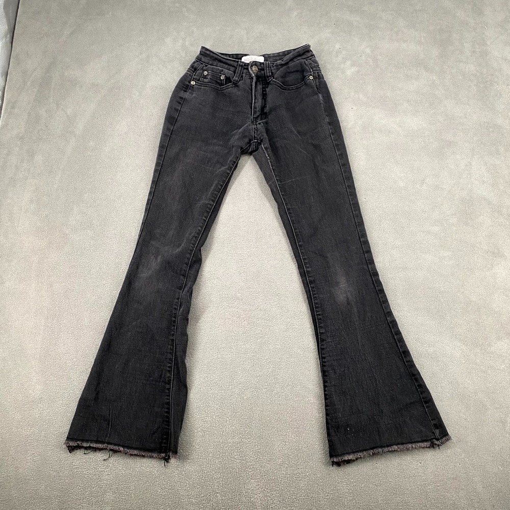 Red Bottoms Jeans Womens 21 Black Dark Wash Denim Low Rise Flared Leg Raw Hem
